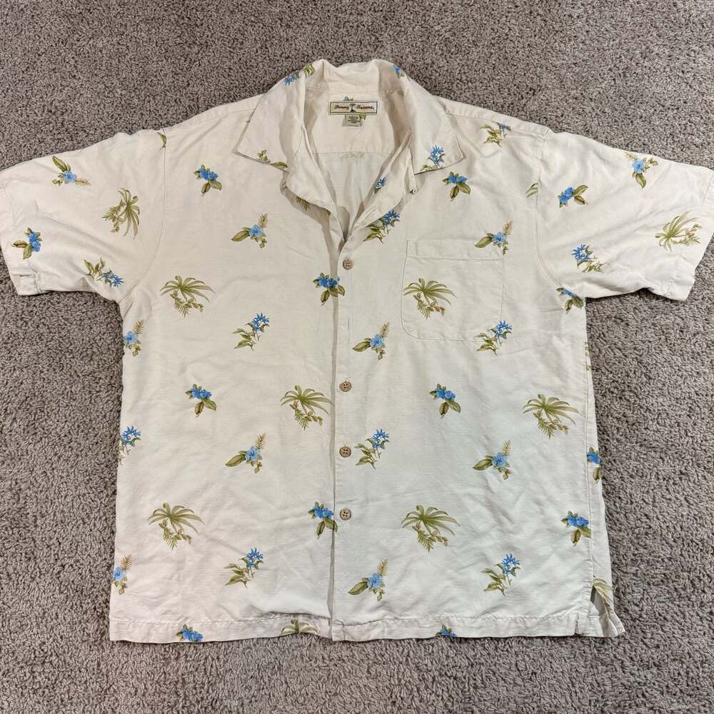 Tommy Bahama 100% Silk Hawaiian Camp Shirt Mens Large White Blue Floral Tropical